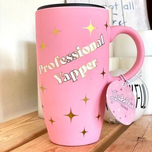 NWT Jubille Press “Profesional Yapper” Matte Pink Ceramic Tall Tumbler Mug w Lid